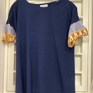 THML navy top with stripe ruffle sleeve